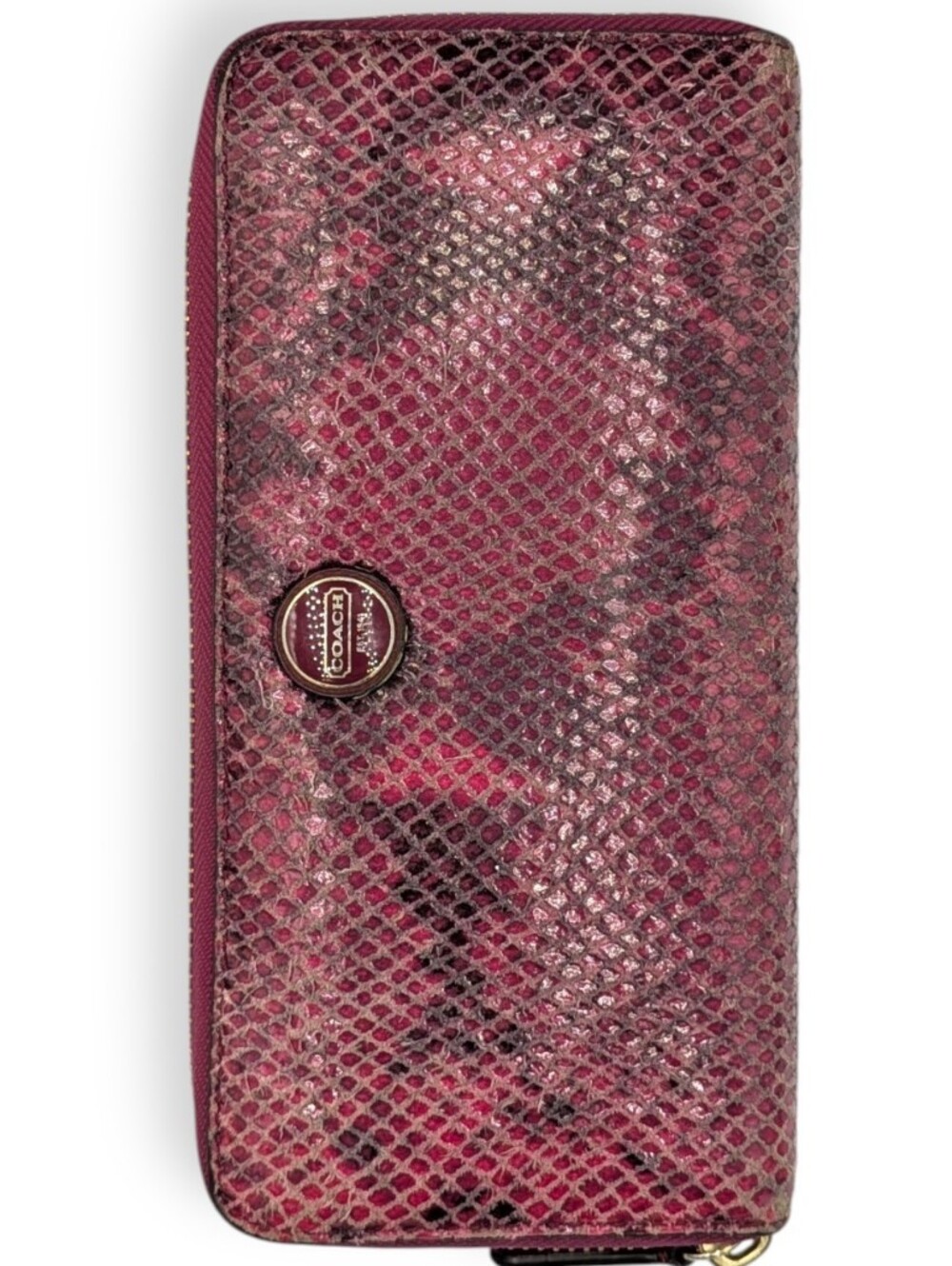 Coach Wallet Python Snakeskin Leather Raspberry Pink Black Zip Around Accordion - Picture 3 of 16